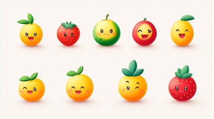 92.Cute cartoon apple, raspberry, strawberry, watermelon, pineapple, peach, orange, pear, cherry, and lemon. Cartoon fruit character set. Funny emoticon in flat style. Food emoji vector illustration