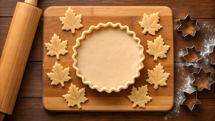 Delicate pie crust preparation with maple leaf cutouts on a wooden surface