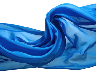 Flowing cyan fabric swirls gracefully against a dark void background