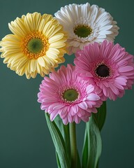 Four gerbera daisies, yellow, white, & pink on green ground