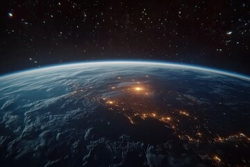 Earth from space, night lights shining on the dark side