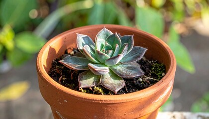 A succulent plant with green and purple leaves sits in a terracotta pot, surrounded by dark soil and blurred green foliage in the background.