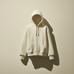 Creamy hoodie, zippered, centered, casting shadow on flat surface