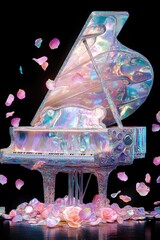 Iridescent grand piano with falling rose petals