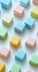 Rows of pastel cube stacks; soft light, modern aesthetic