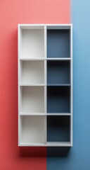 Minimalist shelf on red/blue, half white, half dark blue