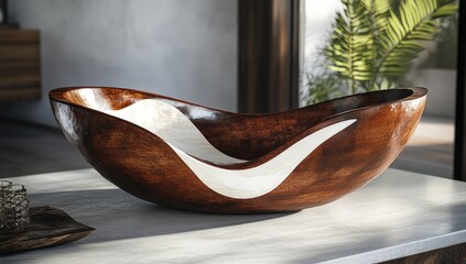 Wood bowl with white accent on counter