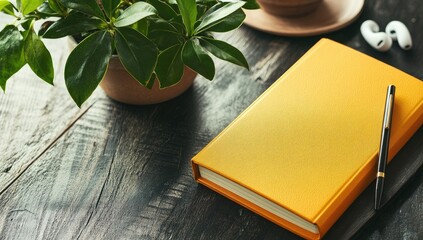 Desk with potted plant, book, pen, earbuds, and wooden texture