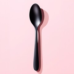 Black spoon with long shadow against a pastel pink backdrop