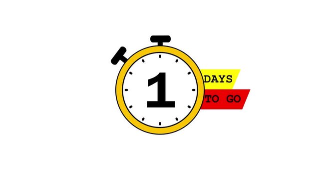 1 day to go, countdown timer animation, stopwatch running numbers, 1 day left reminder, event launch preparation video, flat countdown design with white and green screen background