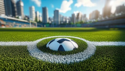Soccer ball on corner of field, urban stadium backdrop