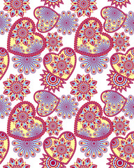 Colorful heart and floral pattern featuring intricate designs on transparency background, creating vibrant and lively visual appeal. This artwork is perfect for textiles or decorative purposes
