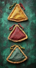 Three triangle pouches in vivid hues on textured green