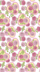 Beautiful floral pattern featuring pink roses and heart shapes on transparency background, creating romantic and elegant design. Perfect for textiles, wallpapers, or decorative items