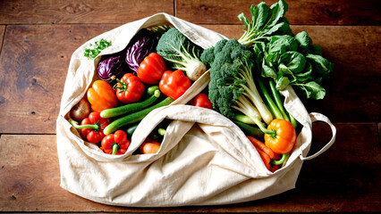 Vibrant, fresh vegetables overflowing from a reusable cloth bag on a rustic wooden surface, symbolizing healthy eating and sustainable living.
