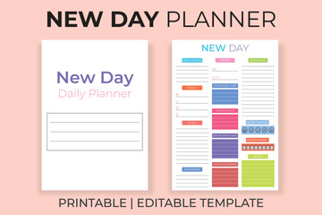 New Day Daily Planner Template, Printable Mood and Habit Tracker, Editable Goals and Self-Care Schedule, KDP Interior