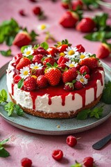 Berry-topped cheesecake with red drizzle and daisies