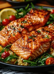 Grilled salmon fillets on greens, lemon & tomatoes
