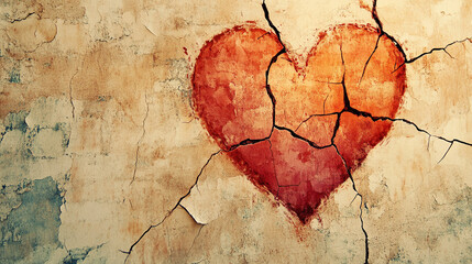 Faded drawing of a broken heart etched onto a cracked wall. Symbol of heartbreak, loss, and emotional scars. Minimalist yet powerful expression of pain, vulnerability, and fragile human emotions.