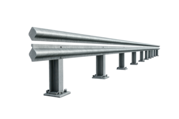 Metal guardrail section with posts isolated on transparent background. Guardrail isolated on white background.