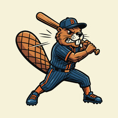 Aggressive Baseball Beaver Mascot with Bat and Tail