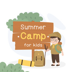 Summer Camp for kids. Happy boy scout in uniform standing near wooden placard. Kids Summer Camp with school tour, advertising wooden board.