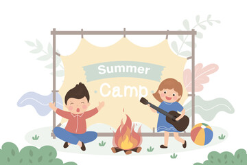 Summer Camp for kids. Happy girl with guitar and boy scout sing song. Team of scouts sitting near campfire. Kids Summer Camp with school tour, advertising board.