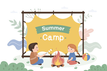 Summer Camp for kids. Happy girl and boy scout sitting near campfire and roasting marshmallows. Kids Summer Camp with school tour, advertising board.