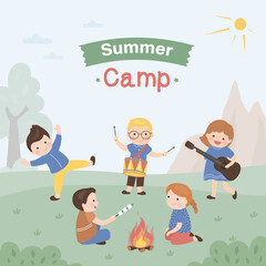 Summer Camp for kids. Happy girl with guitar and boy scout sing songs, roasting marshmallows. Team of scouts sitting near campfire. Kids summer camp with school tour