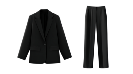 Minimalist monochrome fashion set with black blazer and trousers isolated on a Transparent background, PNG file.