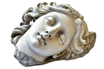Obraz premium Ancient marble sculpture of a sleeping woman's head isolated on transparent background. Gypsum copy of ancient statue venus head isolated on white background.
