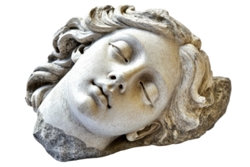 Ancient marble sculpture of a sleeping woman's head isolated on transparent background. Gypsum copy of ancient statue venus head isolated on white background.