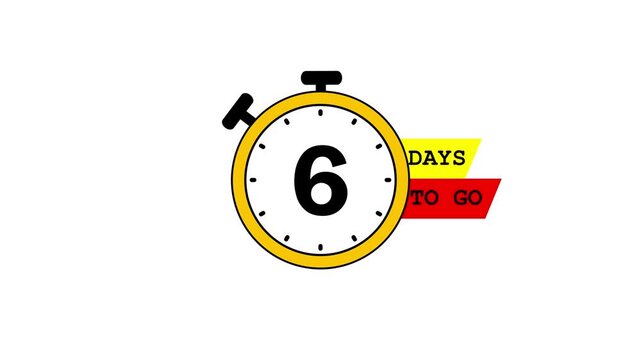 6 days to go, countdown timer animation, running numbers stopwatch, 6 days left reminder, motion graphics video for product launch, flat digital timer background design