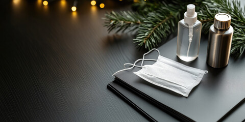 Desk at the office adorned with a face mask, hand sanitizer, and a water bottle, complemented by cheerful Christmas decorations to promote health and safety during festive gatherings