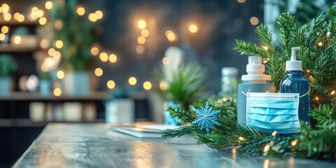 Office desk with festive pine branches and twinkling lights beside a blue snowflake, face mask, hand sanitizer and disinfectant spray—holiday cheer meets workplace hygiene