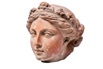 Ancient marble sculpture of a sleeping woman's head isolated on transparent background. Gypsum copy of ancient statue venus head isolated on white background.