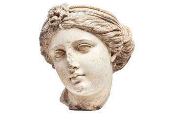 Obraz premium Ancient marble sculpture of a sleeping woman's head isolated on transparent background. Gypsum copy of ancient statue venus head isolated on white background.