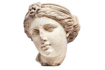 Ancient marble sculpture of a sleeping woman's head isolated on transparent background. Gypsum copy of ancient statue venus head isolated on white background.