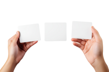 Hand holding blank white credit cards isolated on transparent background. Hand holding bank credit plastic card mockup isolated on white background.