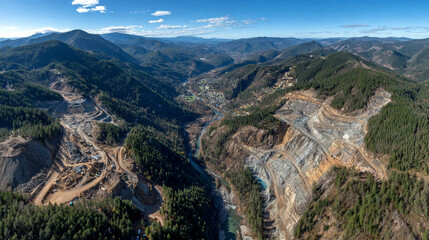 Fototapeta premium An open pit mining quarry set within a mountainous landscape symbolizing industrial power resource extraction and human impact representing scale effort and the transformation of natural terrain