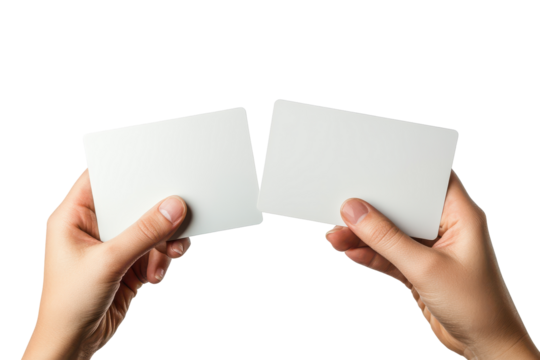 Hand holding blank white credit cards isolated on transparent background. Hand holding bank credit plastic card mockup isolated on white background.