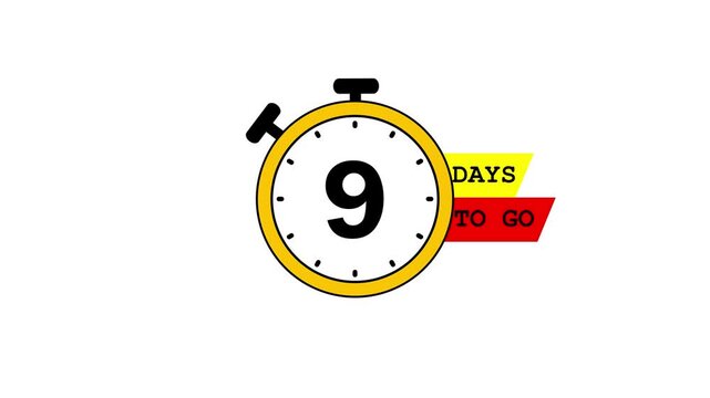 9 days to go, digital countdown timer animation, stopwatch motion graphics running numbers, 9 days left reminder video, flat timer clock design with white and green screen background