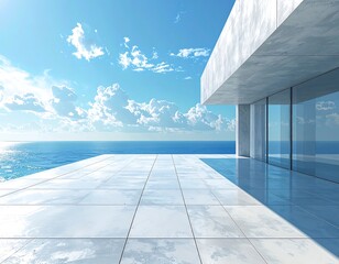 Modern seaside terrace with a minimalist building