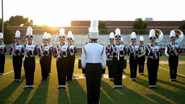 Marching Band Formation on a Football Field at Sunset, High School Marching Band Practice with Drum Major in the Foreground
