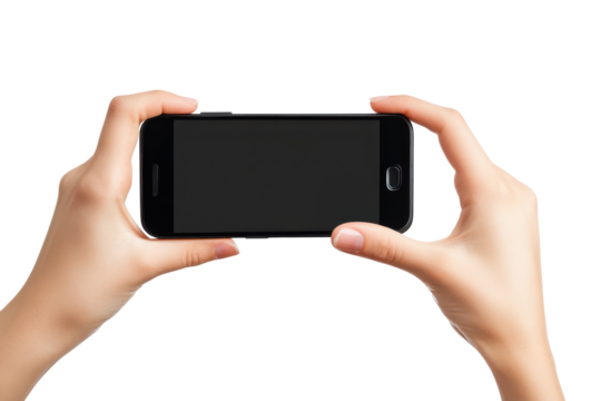 Hands holding a black smartphone in landscape mode isolated on transparent background. Hand holding horizontal mobile phone screen mockup isolated on white background.