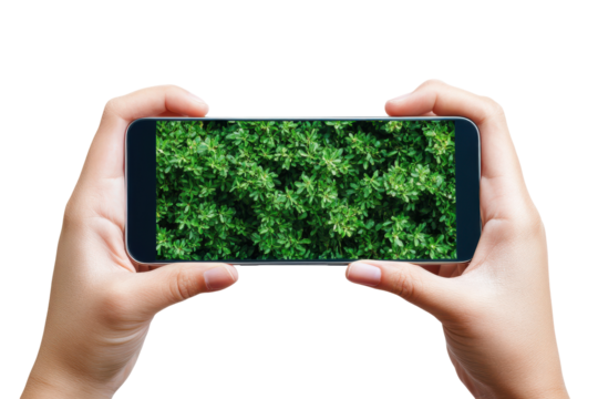 Hands holding a smartphone displaying a vibrant green plant pattern isolated on transparent background. Hand holding horizontal mobile phone screen mockup isolated on white background.