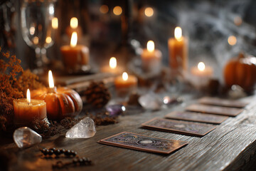 Obraz premium close-up of tarot cards laid out on a rustic wooden table, Halloween theme with pumpkin-shaped candles glowing warmly, scattered dried herbs and crystals