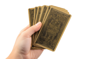 Hand holding a deck of tarot cards isolated on transparent background.