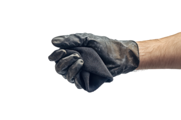 Hand wearing a black glove holding a rough textured fabric isolated on transparent background. Hand in glove wiping cleaning polishing with microfiber cloth isolated on white background.