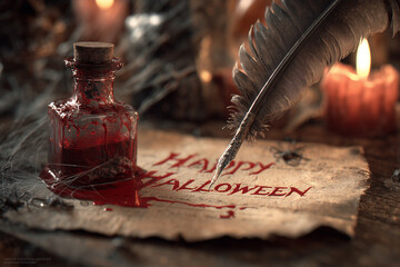 close-up of antique feather quill hovering above aged parchment, ghostly red letters “Happy Halloween” appearing as if written in fresh blood, ink bottle tipped over with crimson spill, candle wax 